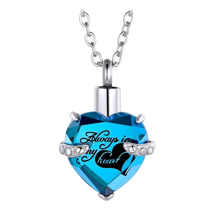 Colgante para cenizas en forma de corazón azul con mensaje grabado y kit de llenado