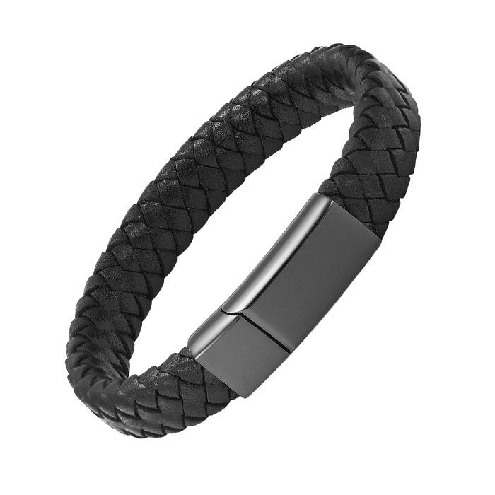 Pulsera para cenizas humanas con diseño trenzado de cuero negro y cierre metálico