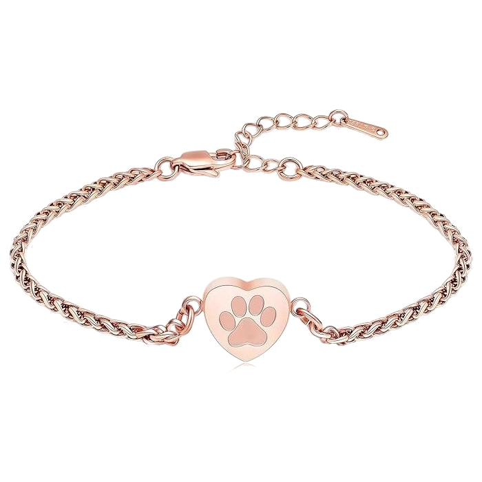 Pulsera para cenizas de mascota con diseño de huella en corazón, color oro rosa