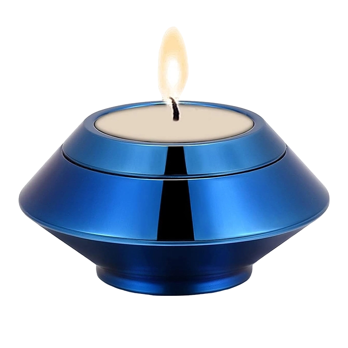 Urna tipo vela para cenizas humanas, diseño moderno en color azul metálico